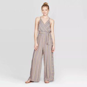 Women's Striped V-Neck Strappy Wrap Jumpsuit